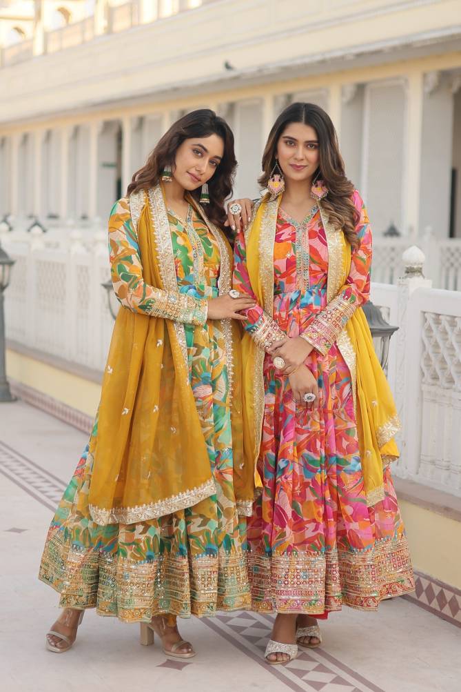 KA 1080 Digital printed Russian Silk With Embroidery Readymade Gown With Dupatta Wholesale Online